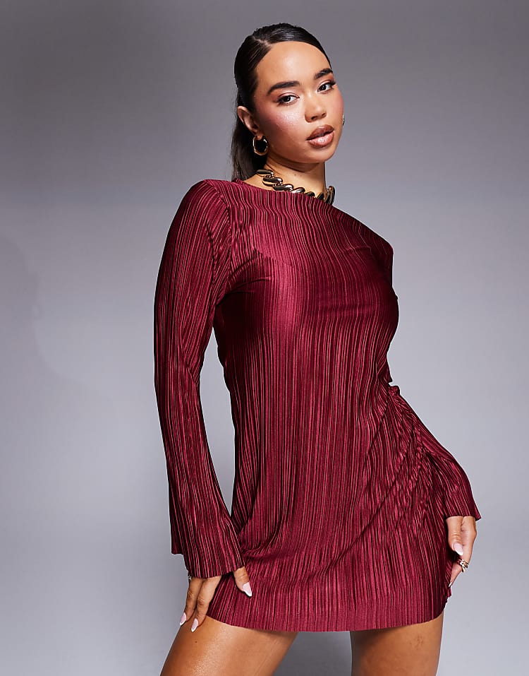 long sleeve plisse mini dress GET ON BOARD WOVEN PLISSE MINI DRESS, MAGENTA MUSTARD / M