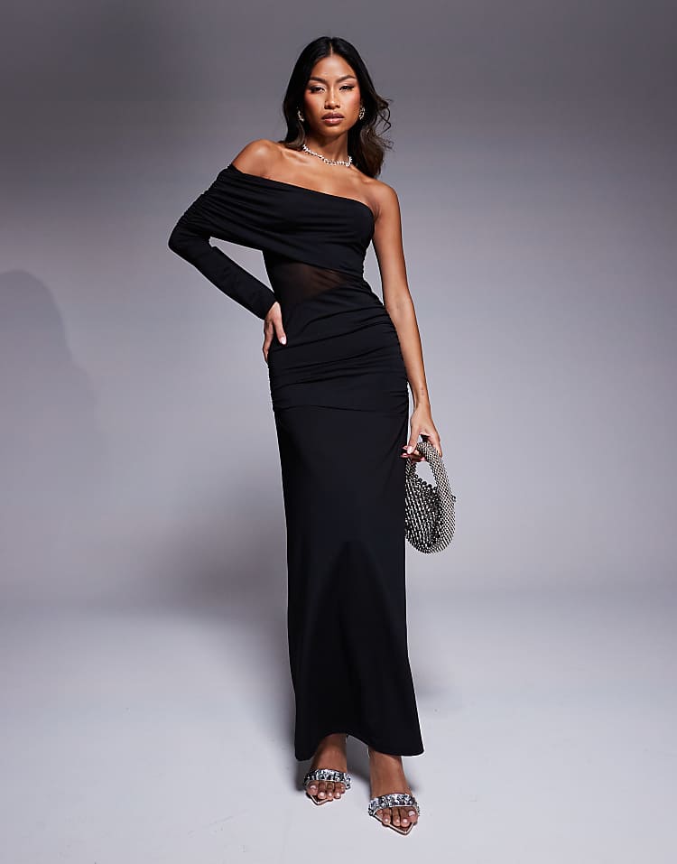 asos one shoulder maxi dress ASOS DESIGN one shoulder premium draped maxi dress with train detail in deep purple