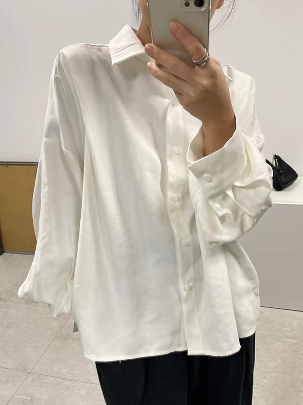 Long Sleeves Loose Buttoned Pleated Lapel Collar Blouses