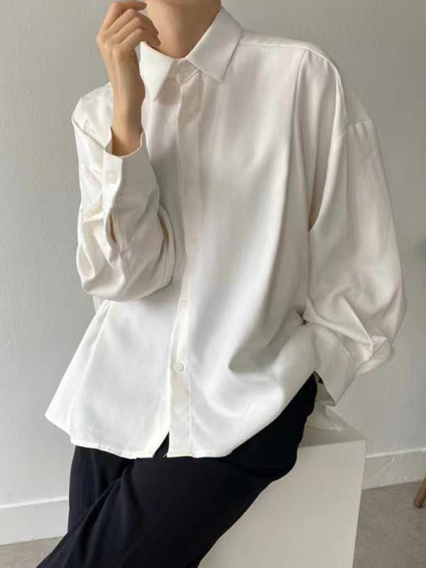 Long Sleeves Loose Buttoned Pleated Lapel Collar Blouses