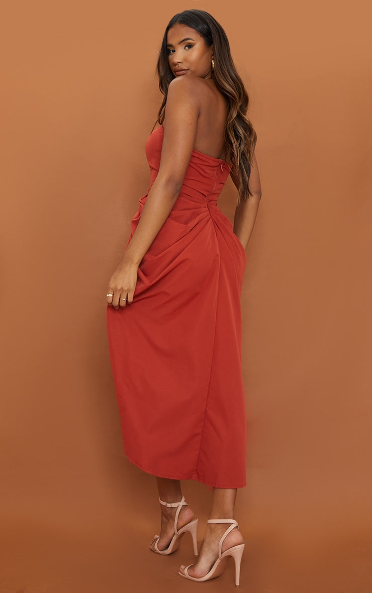 Rust Woven Bandeau V Bar Gathered Hip Midi Dress