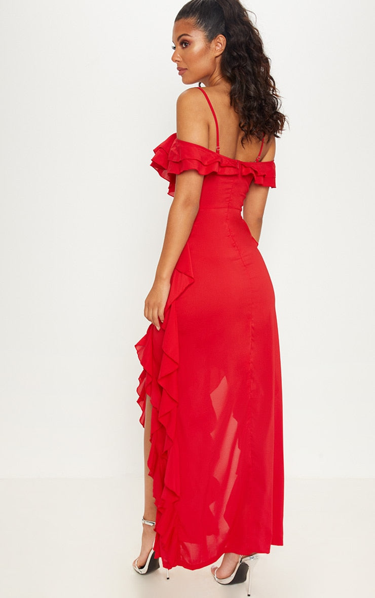 Red Cold Shoulder Ruffle Detail Maxi Dress