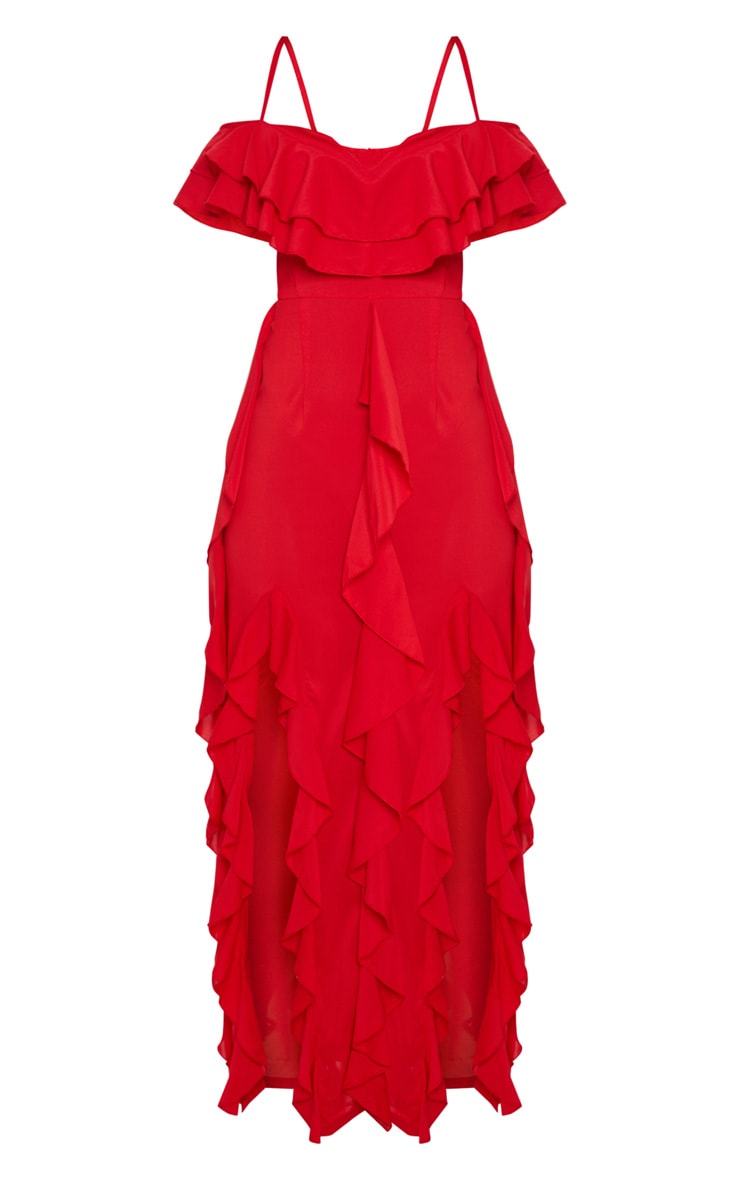 Red Cold Shoulder Ruffle Detail Maxi Dress