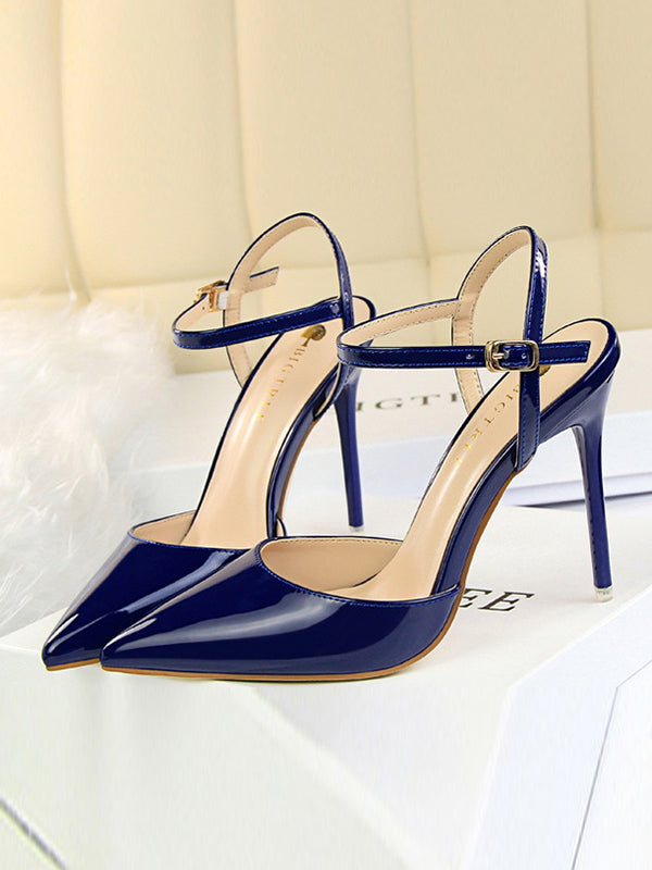 Belt Buckle Pointed-Toe Shiny Split-Joint Pumps Sandals