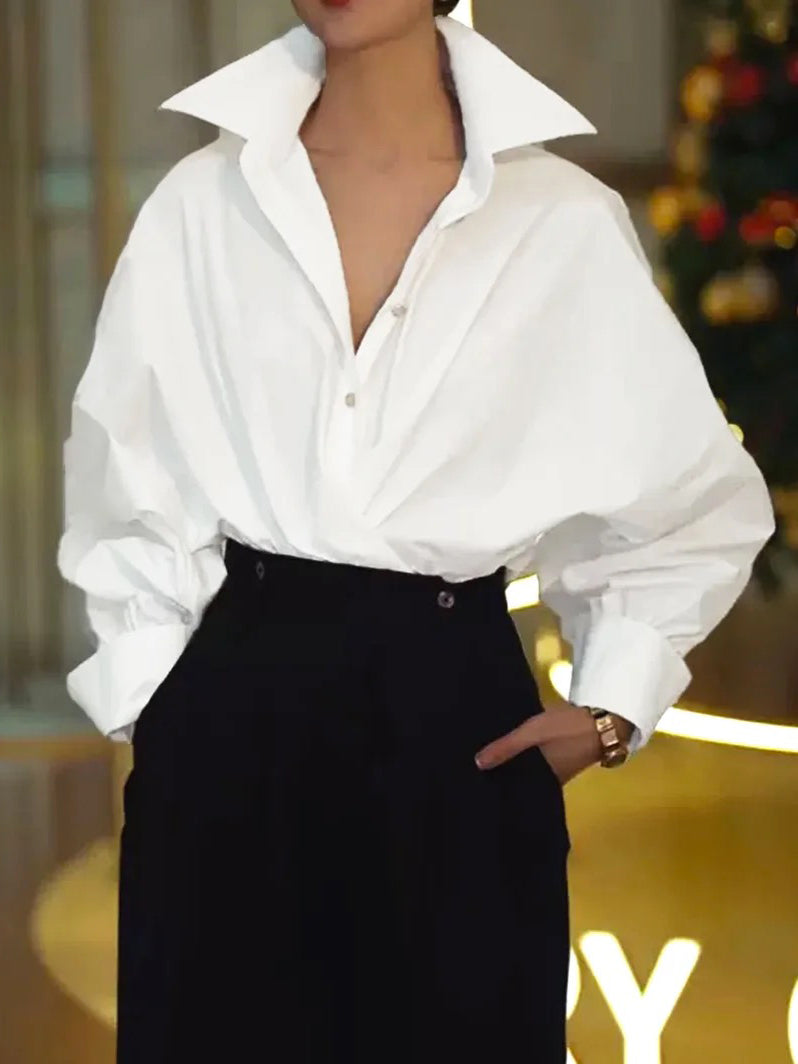 Batwing Sleeves Long Sleeves Buttoned Solid Color Lapel Blouse