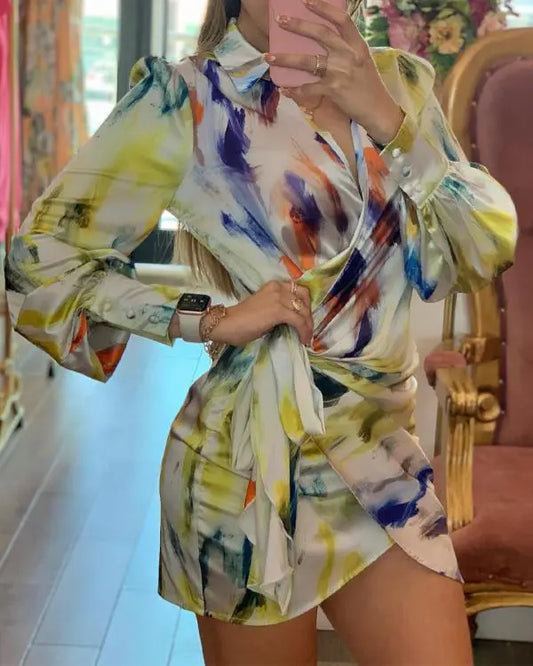 Tie Dye Print Lantern Sleeve Wrap Dress