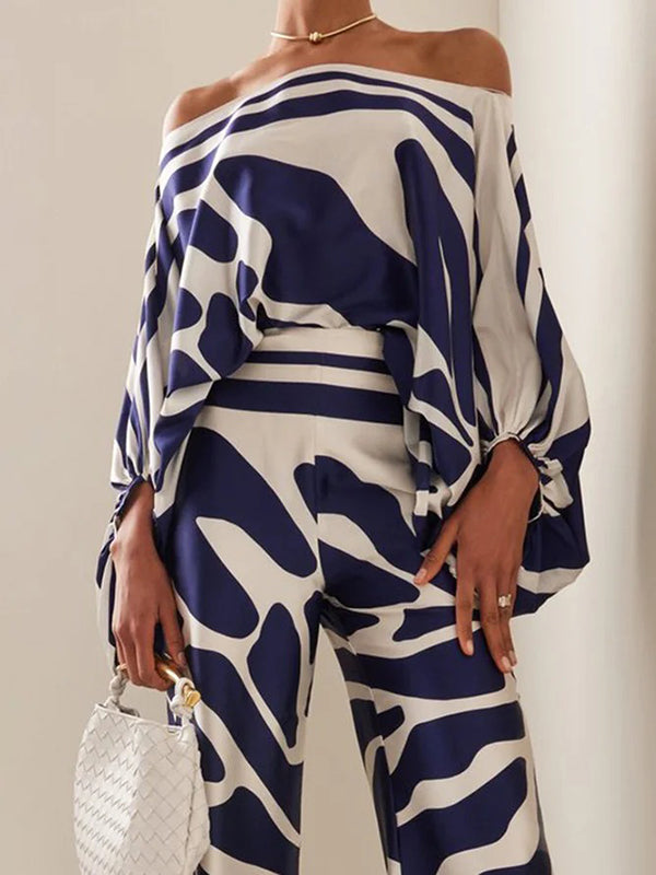 Printed Off-The-Shoulder Top with Wide Leg Pant 2pc Set