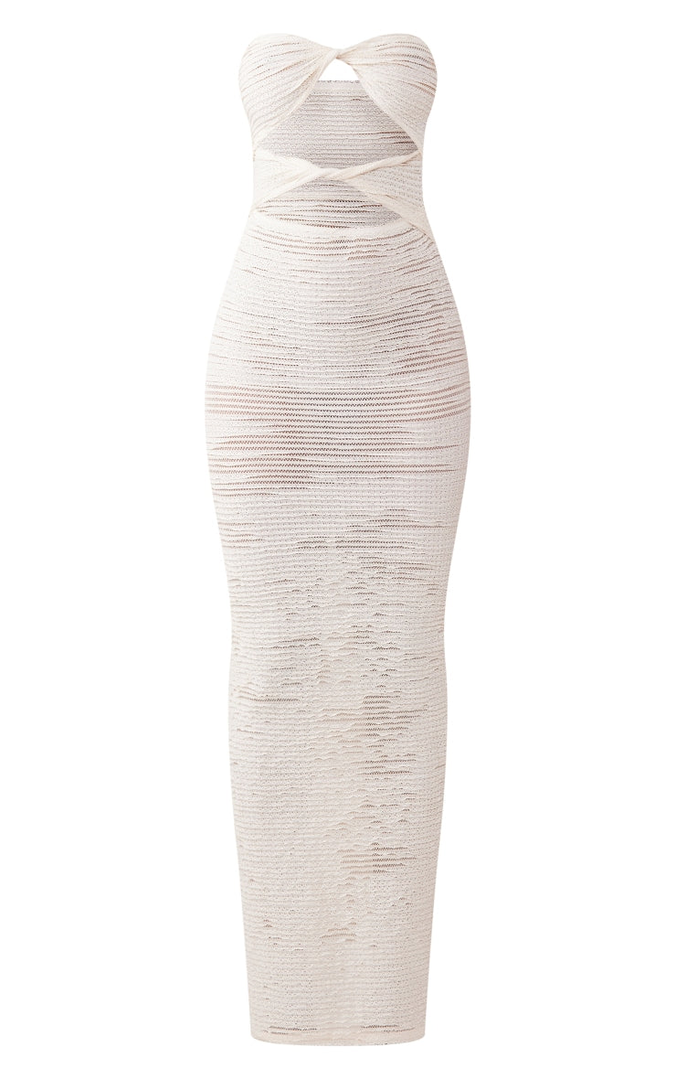 Cream Textured Bandeau Twist Cut Out Maxi Dress