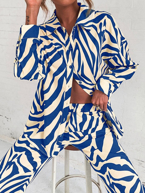 Zebra-Stripe Plus Size Lapel Blouses Top   Pants Bottom Two Pieces Set
