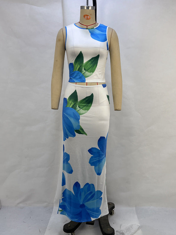 Sleeveless Flower Print Round-Neck Vest Top Bodycon Skirts Bottom Two Pieces Set