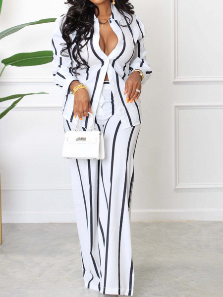 Striped Printed Long-Sleeved Shirt And Pants Two-Piece Set