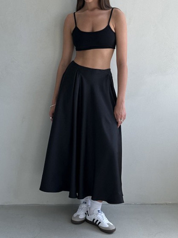 A-Line High Waisted Elasticity Pleated Solid Color Skirts