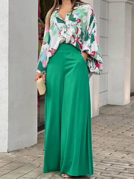 Long Sleeves Floral Printed Blouses High-Waisted Wide Leg 2 pc Pants Set