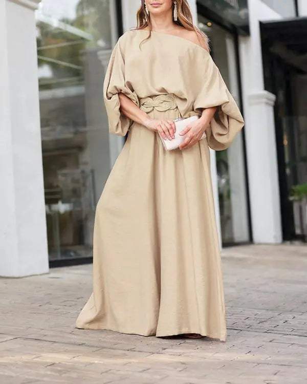 Skew Neck Lantern Sleeve Top & Wide Leg Pants Set