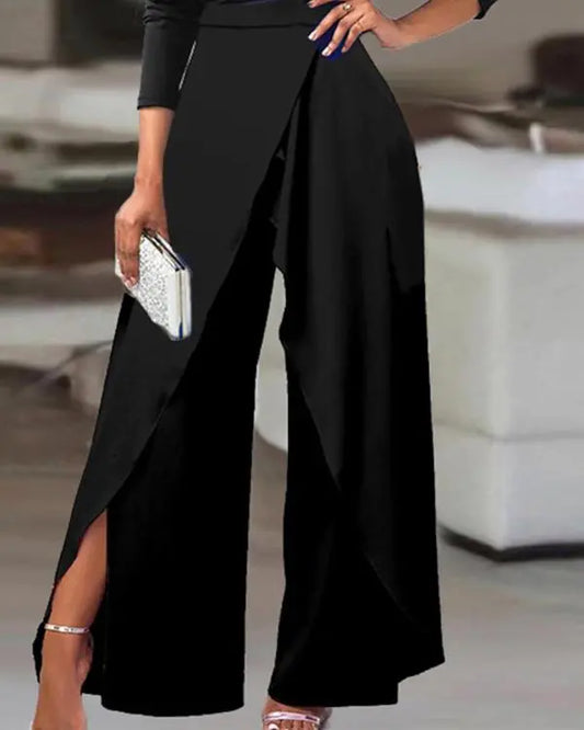 Ruched Skew Neck Split Hem Wide Leg Jumpsuit