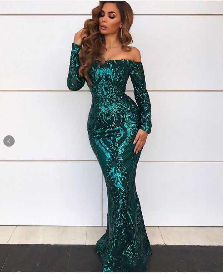 Cocktail Evening Dress Sexy off-Shoulder Long Sleeve Retro Sequined Fishtail Dress