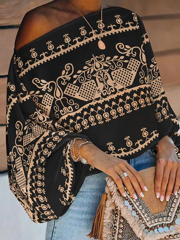 Simple Loose Off-The-Shoulder Geometric Printed Puff Sleeves T-Shirt Top