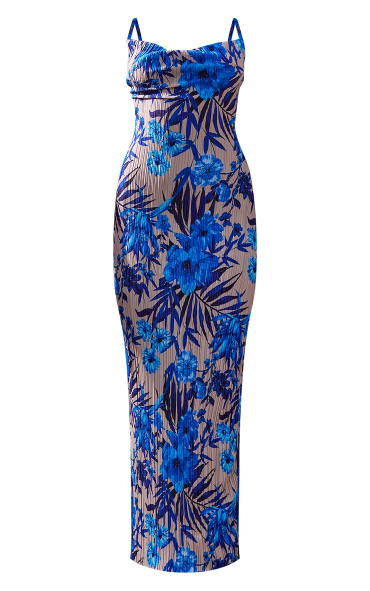 Blue Floral Print Plisse Strappy Maxi Dress