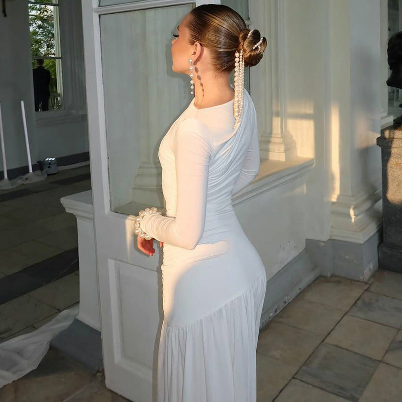 Summer Slim Fit Pleated round Neck Long Sleeved Dress Women