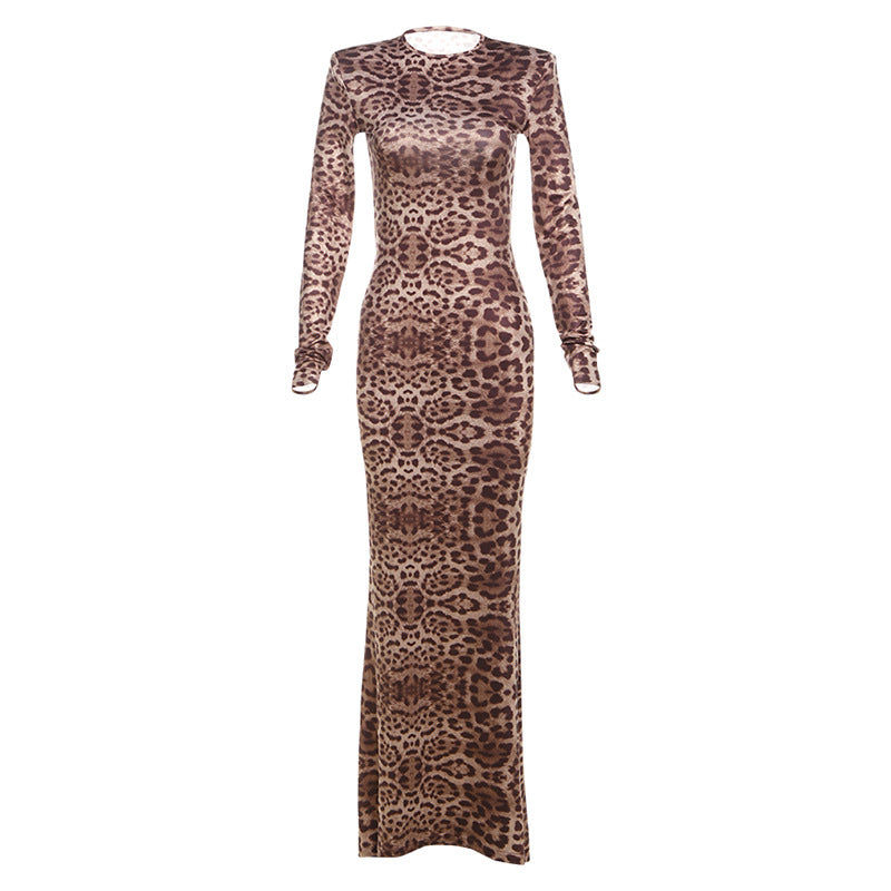 Elegant Sexy Leopard Print round Neck Long Sleeve Slim Fit Bodycon Dress