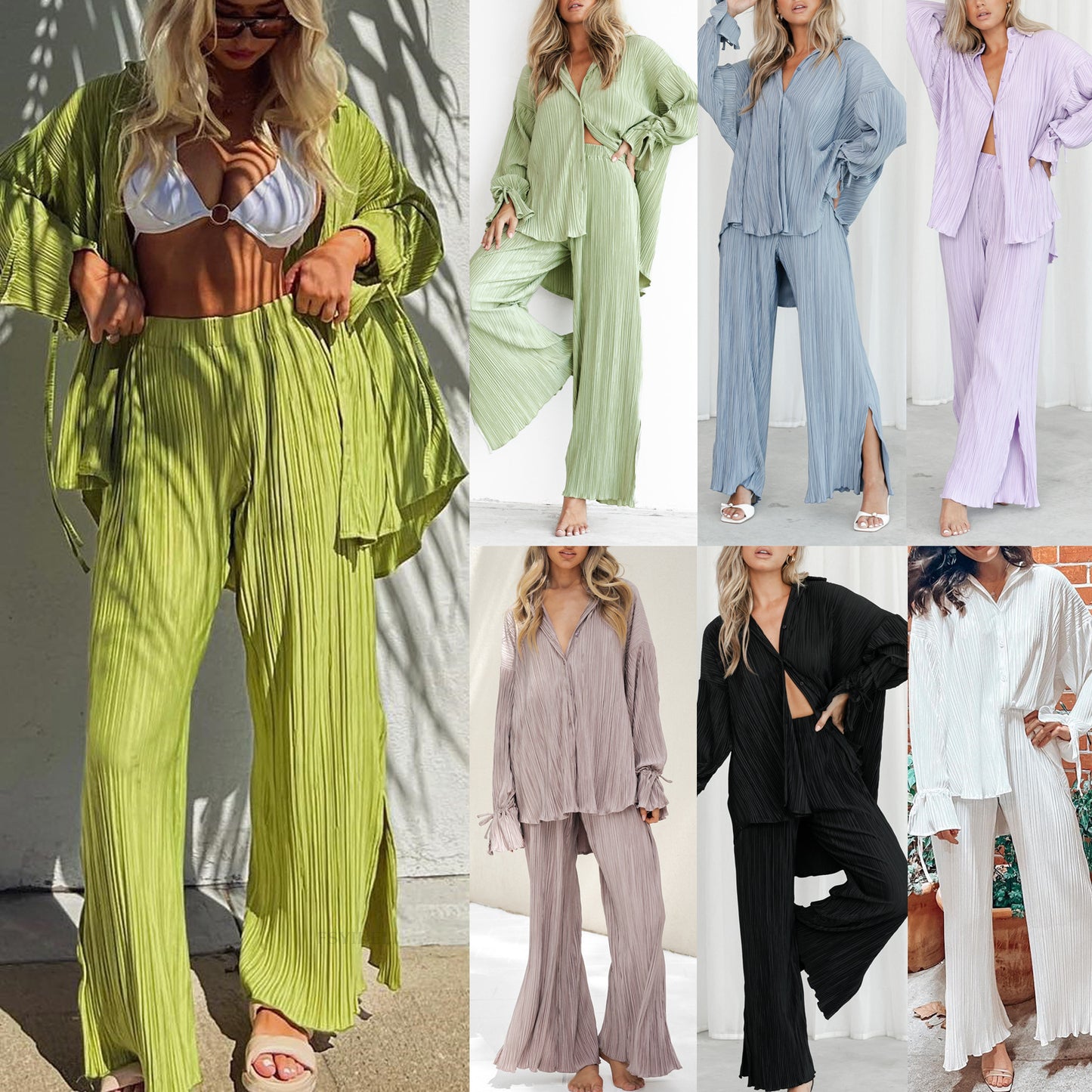 Women Clothing Spring Summer Suit Pleated Shirt Long Sleeve Collared Cardigan Split Pajamas Two Piece Suit