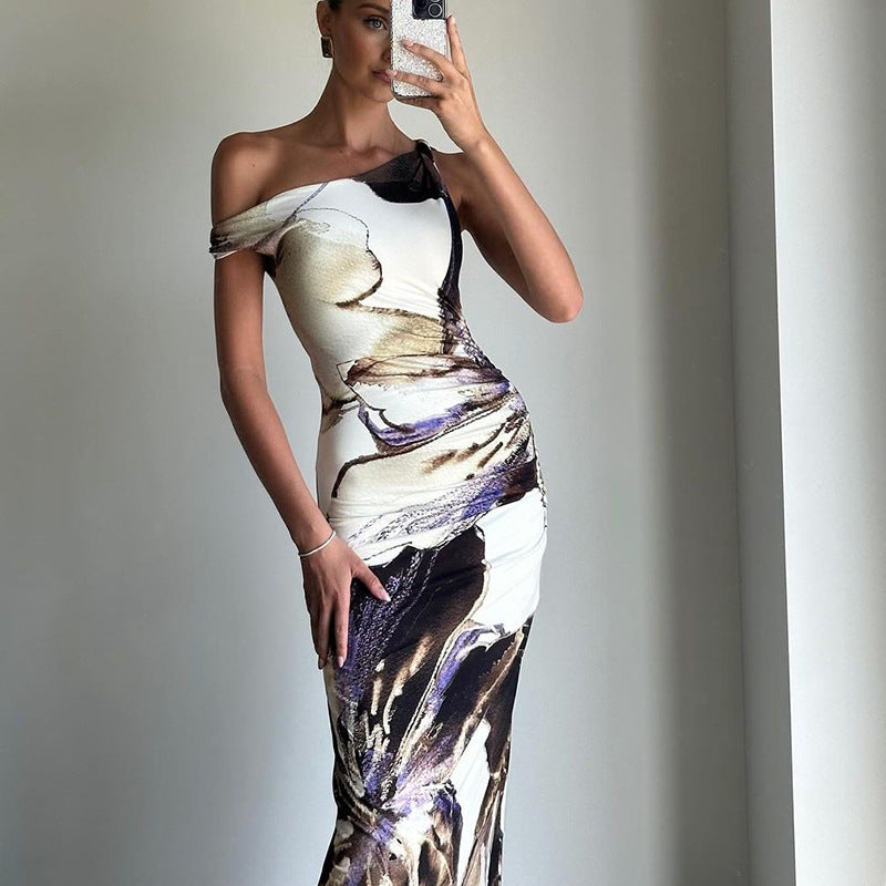 Women Clothing Summer Casual Printed Sleeveless Pleated One Shoulder Slim Fit Maxi Dress