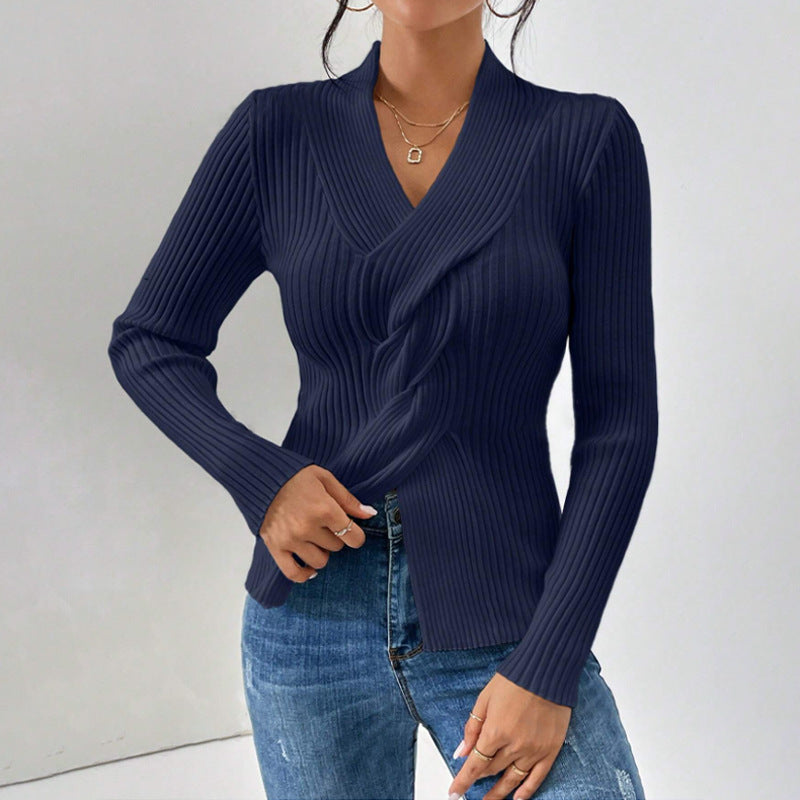 V Neck Slit Hemline Long Sleeve Slim Fit Sweater