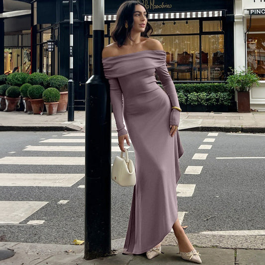 Off Shoulder Long Sleeve Slim Asymmetric Dress