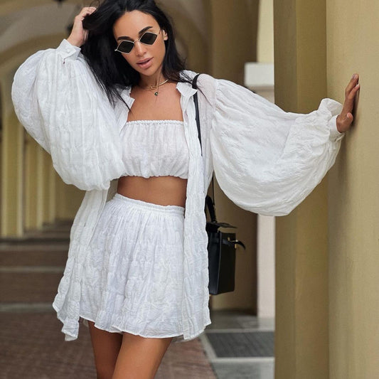 Long Sleeved White Loose Shirt with Tube Top and High Waist Three Piece Short Set
