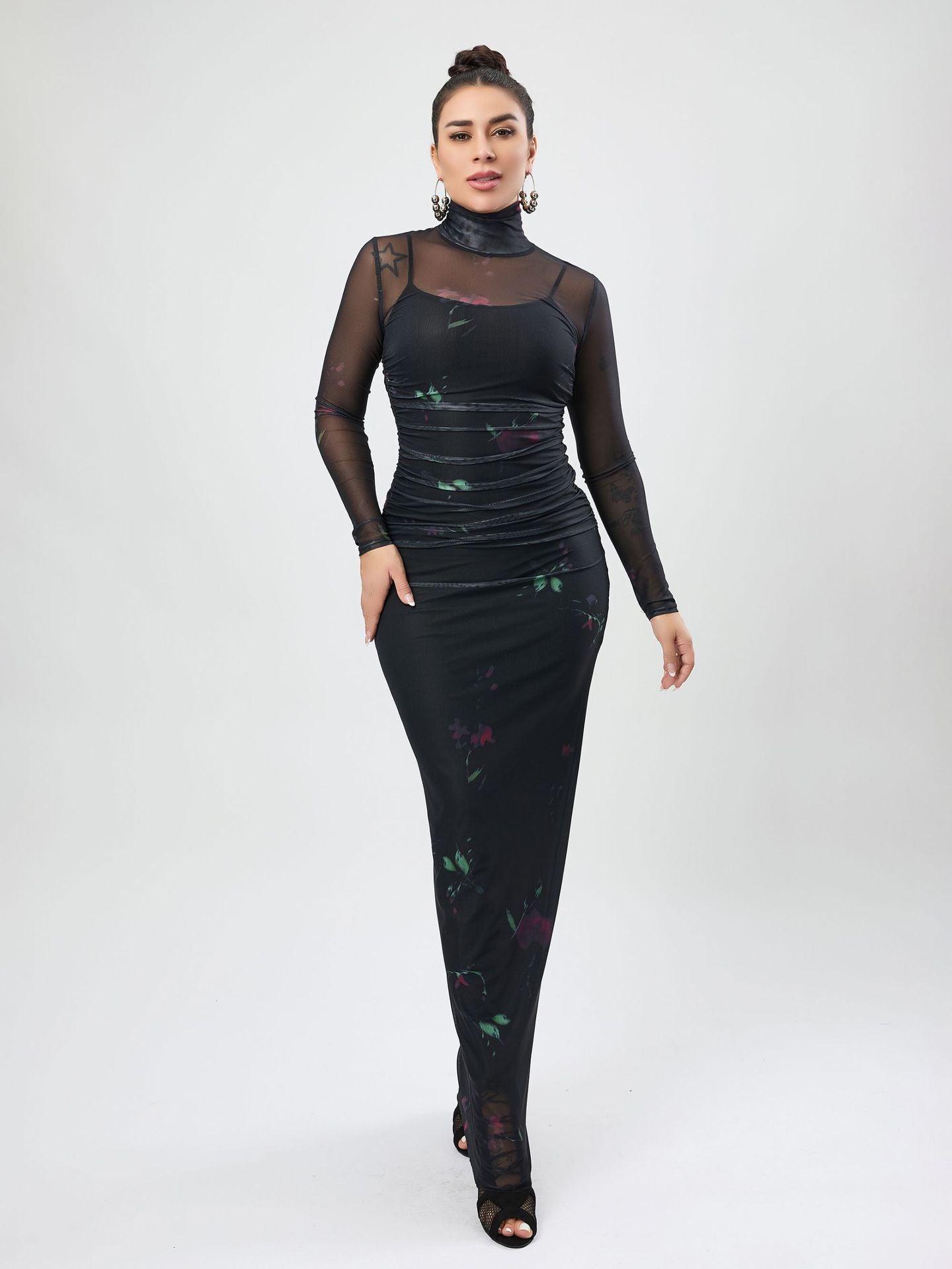 Sexy Floral Mesh See Through Turtleneck Long Sleeve Spaghetti Strap Two Piece Maxi Dress