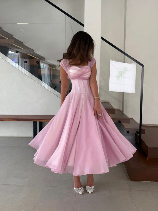 Waist Controlled Large Hem Dress Elegant White Pink Dress