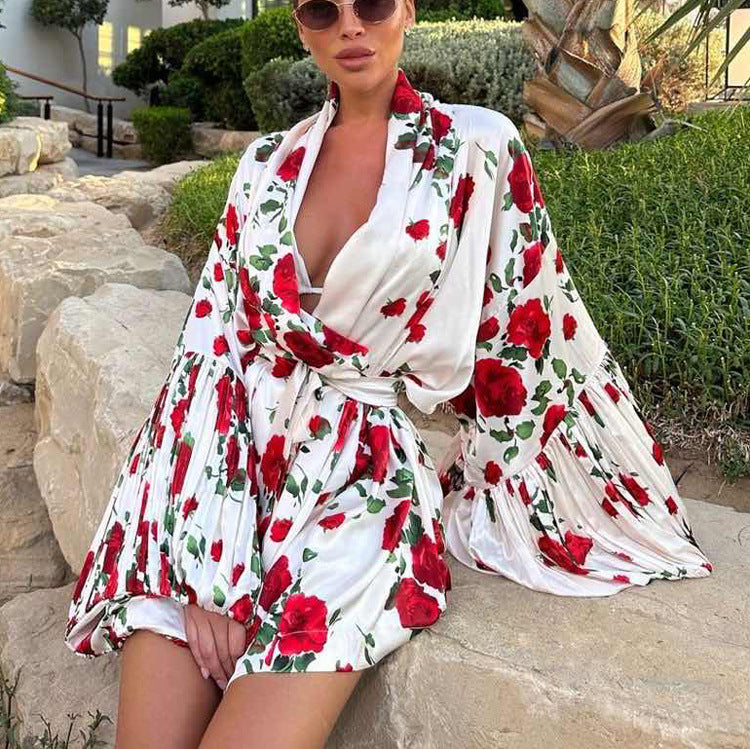 Spring Summer Russian Women Clothing Digital Printing Puff Sleeve Lace up Loose Casual Dress