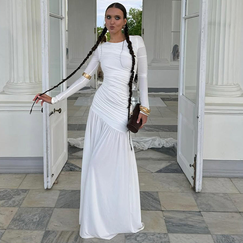 Summer Slim Fit Pleated round Neck Long Sleeved Dress Women