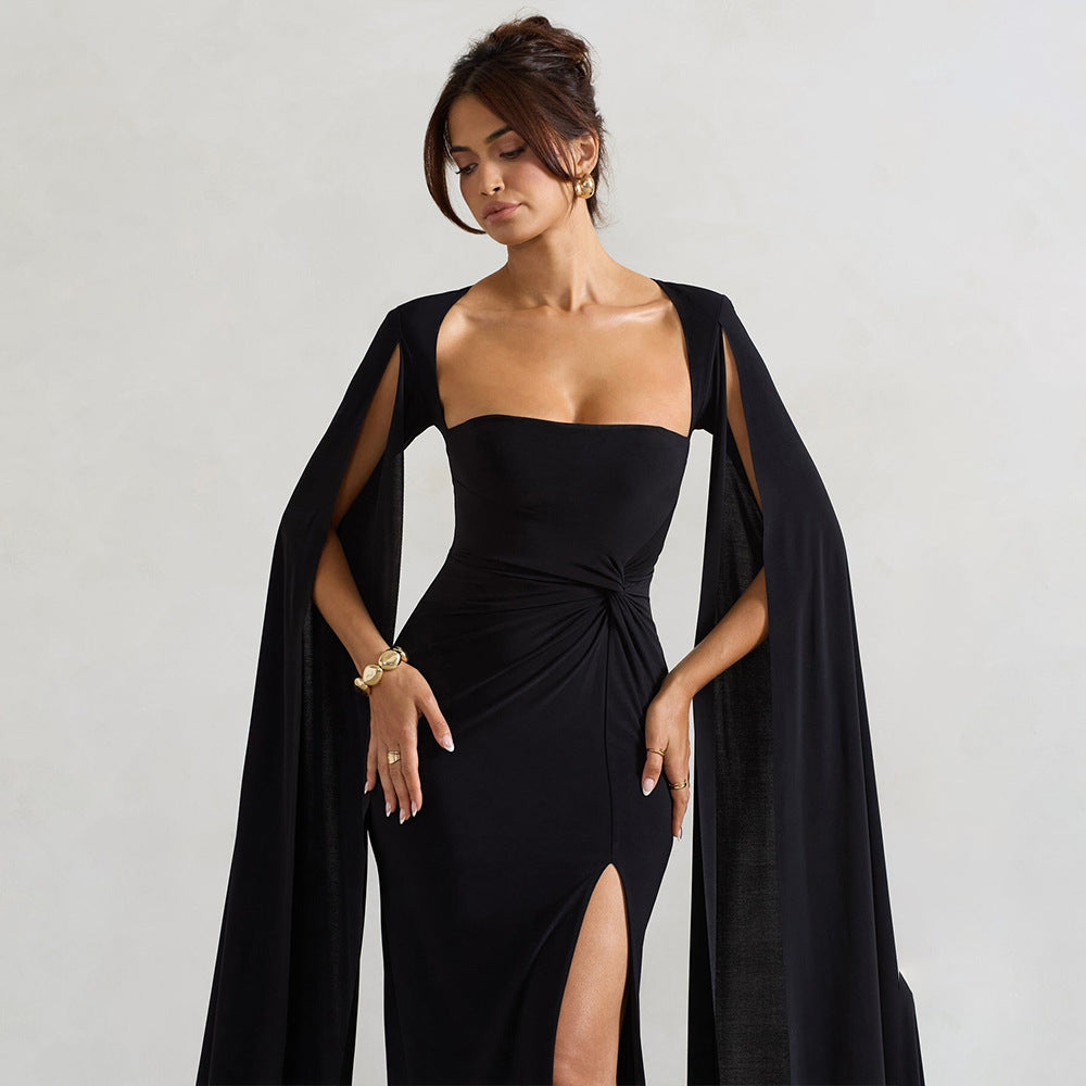 Dress Square Collar Mop Long Sleeve High Slit Solid Color Sexy Dress