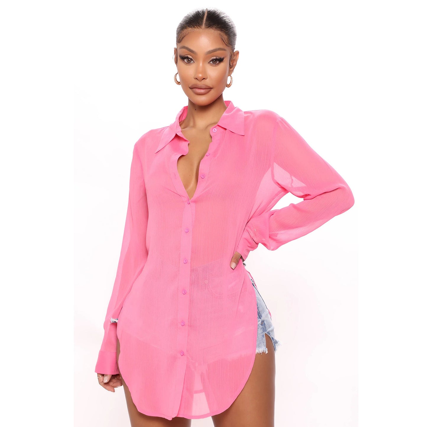 Summer Women Clothing Long Sleeve Sexy See Through Shirt