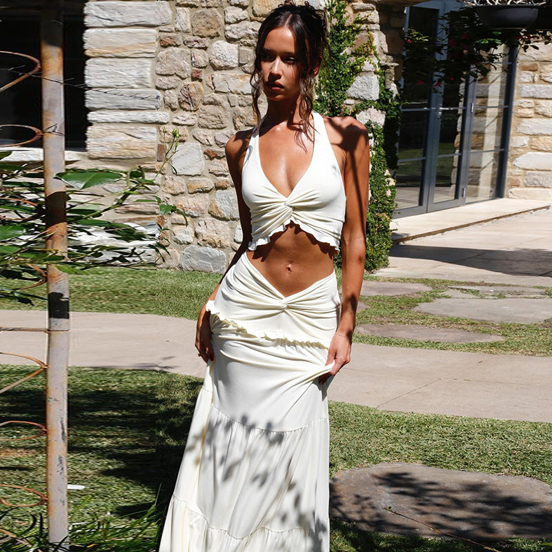 Sexy V Neck Ruffled Halter Spaghetti Straps Detail Twisted Skirt Set
