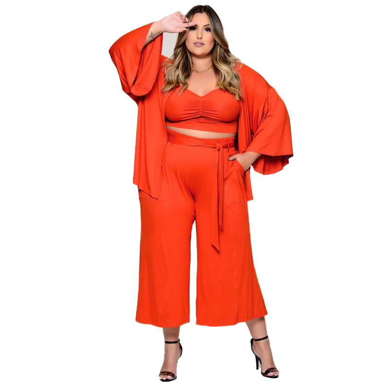 Plus Size Midi Length Wide Leg Pants With Top And Jacket Three-Piece Pants Set