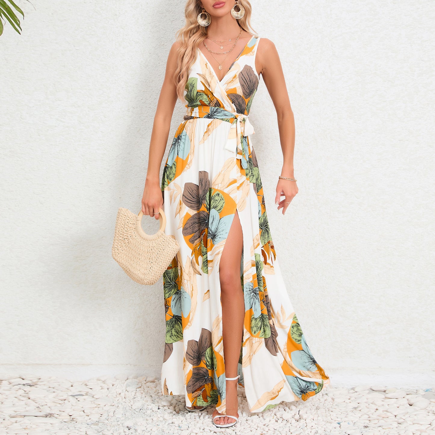 Summer Women Clothing Pairs V Neck Sleeveless Slit Printed Long Strap Dress Women