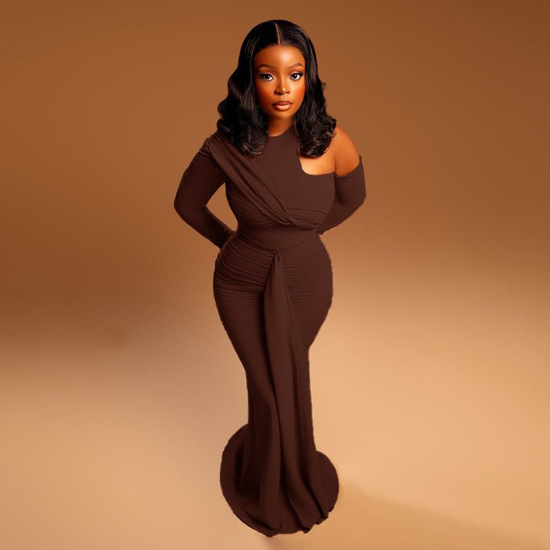 Pleated One Shoulder Hip Dress Lace up Cutout round Neck Length Dress