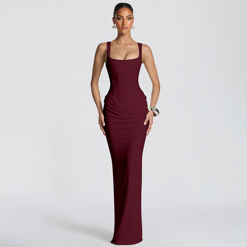 Sexy Boning Corset Slim Fit U Neck Long Pleating Pullover Dress Cocktail Party Evening Dress