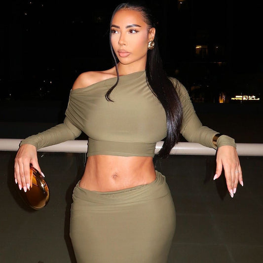 Long Sleeve Diagonal Cropped Top Maxi Skirt Two Piece Set