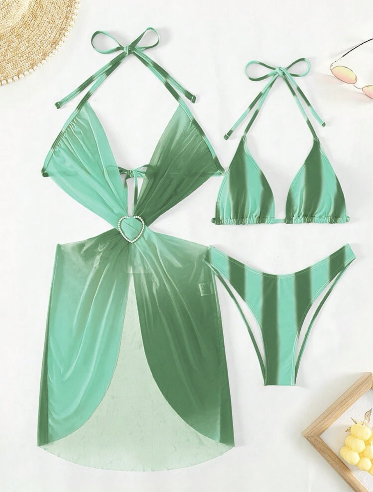 Striped Gradient Love Tulle Skirt Three Piece Swimsuit Bikini Sets