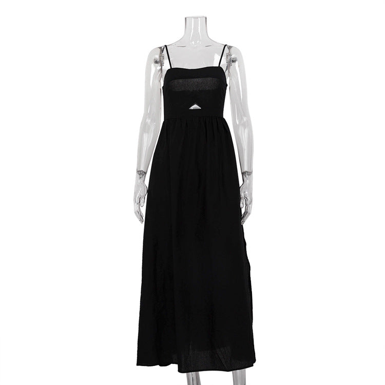 Black Breathable Sling High Waist French Long Dress