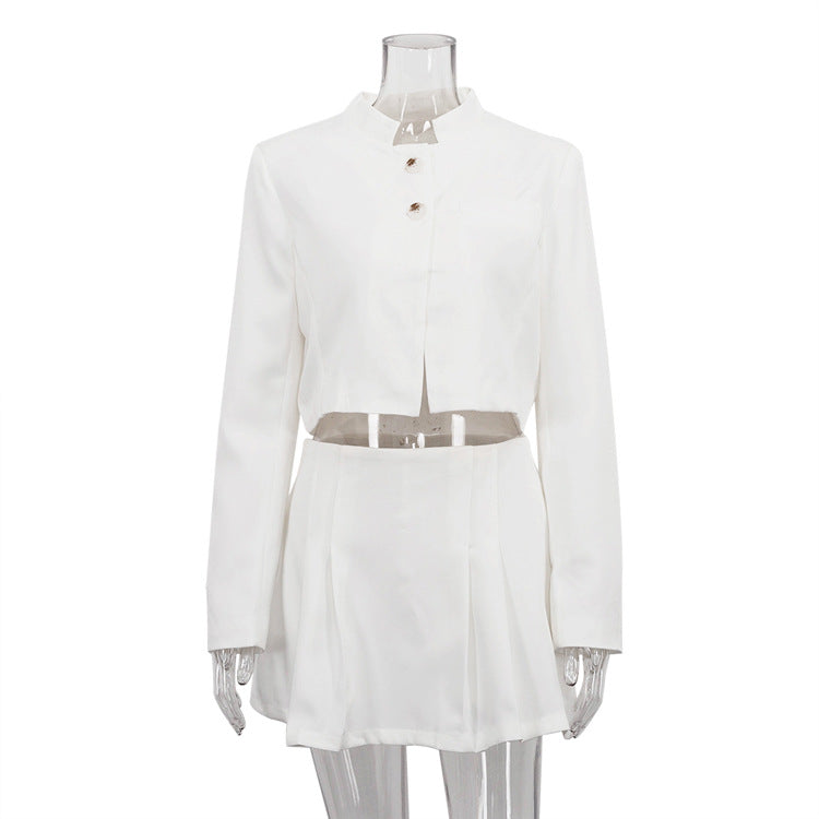 White Stand-Up Collar Short Pleated 2pc Skirt Set