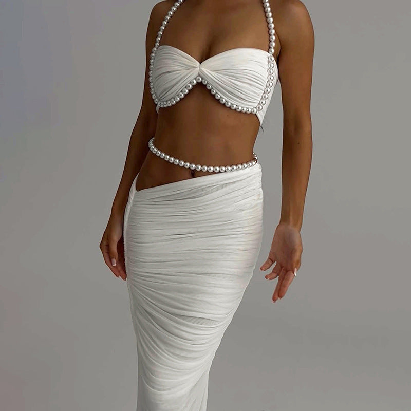 Autumn Winter Women Clothing Pearl Decoration Sexy Cropped Wrapped Chest Low Waist Hip Wrapped Long Skirt Set
