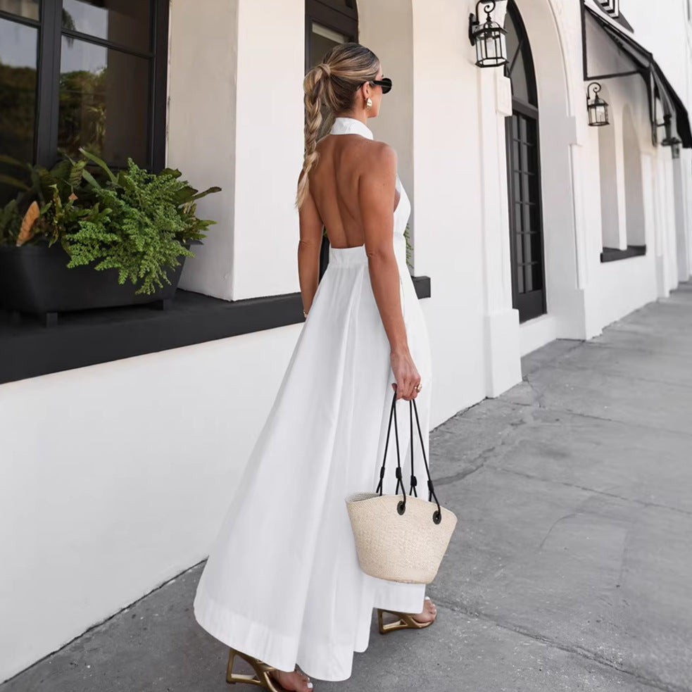 Vacation White Cotton Sleeveless Halter Dress Women Backless Sexy Arrival Maxi Dress