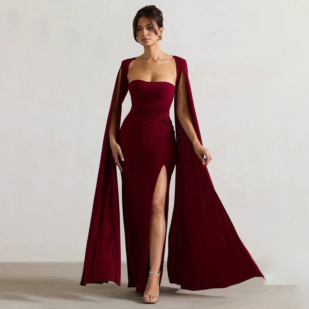 Dress Square Collar Mop Long Sleeve High Slit Solid Color Sexy Dress