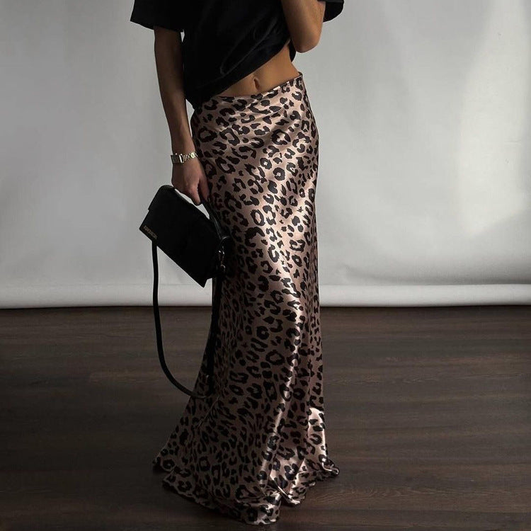 Satin Draping Leopard Print Fishtail Maxi Skirt