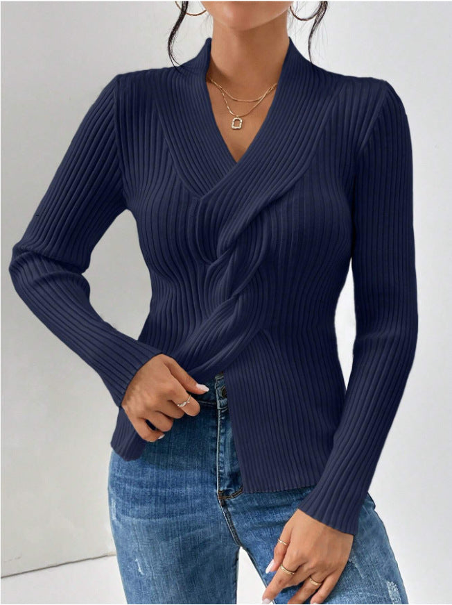 V Neck Slit Hemline Long Sleeve Slim Fit Sweater