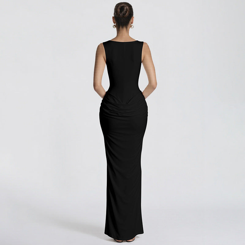 Sexy Boning Corset Slim Fit U Neck Long Pleating Pullover Dress Cocktail Party Evening Dress